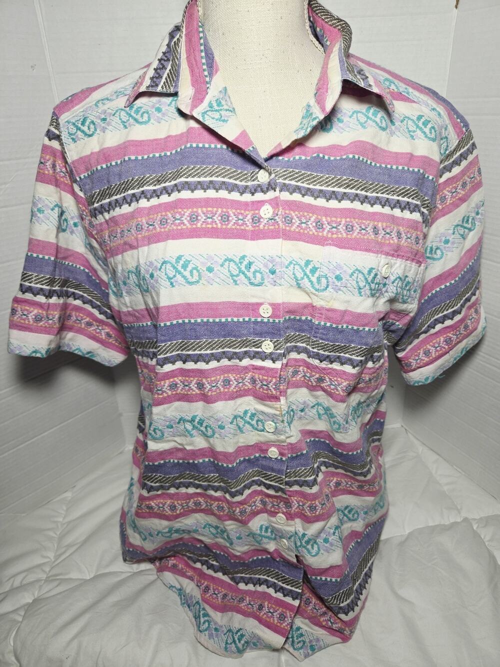 Aztec L Short Sleeve Button Up Shirt Colorful Boho Vtg 80s 90s 100% Cotton 90's